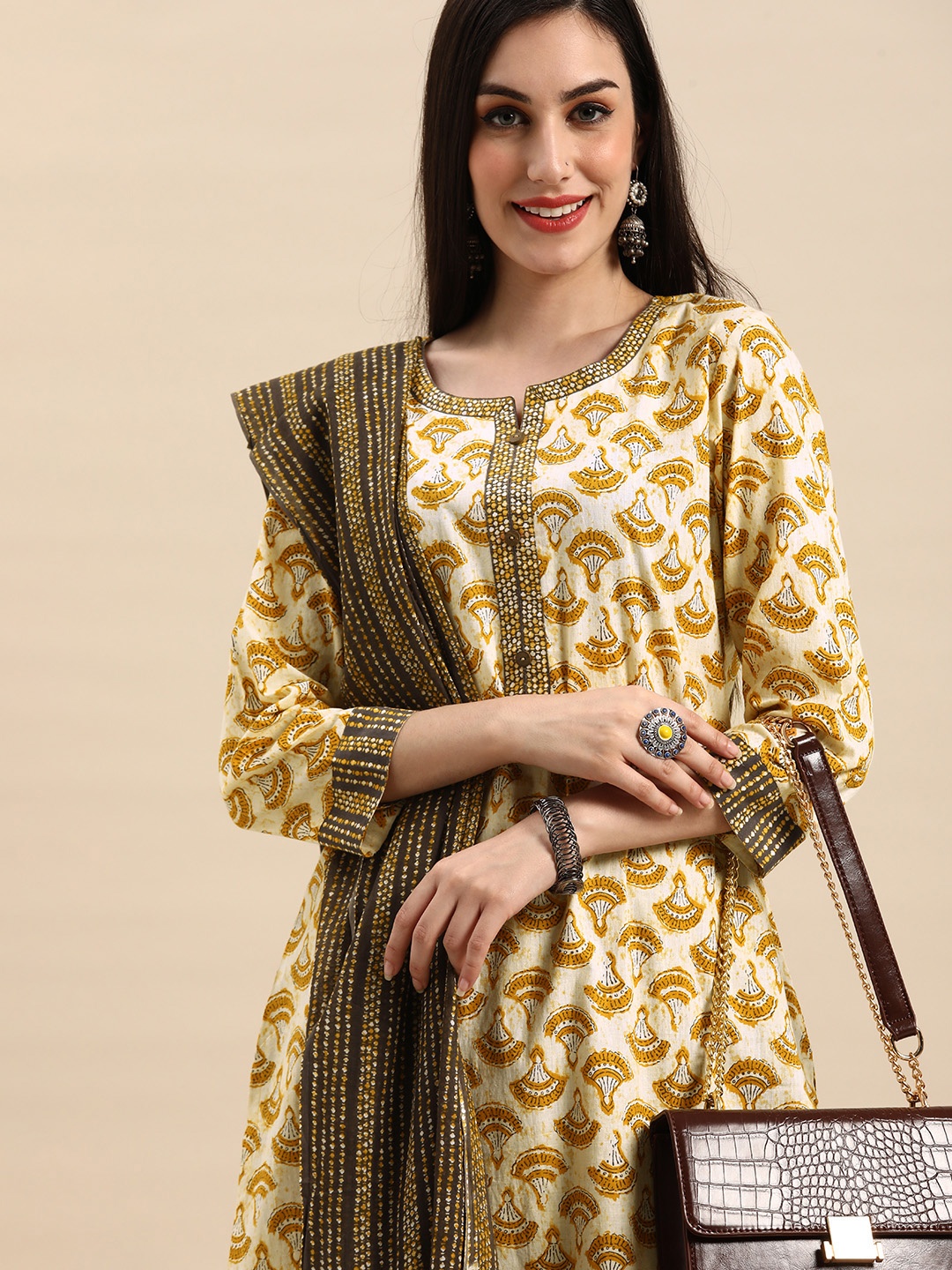 

Anouk Women Off White & Mustard Yellow Pure Cotton Printed Kurta with Palazzos & Dupatta