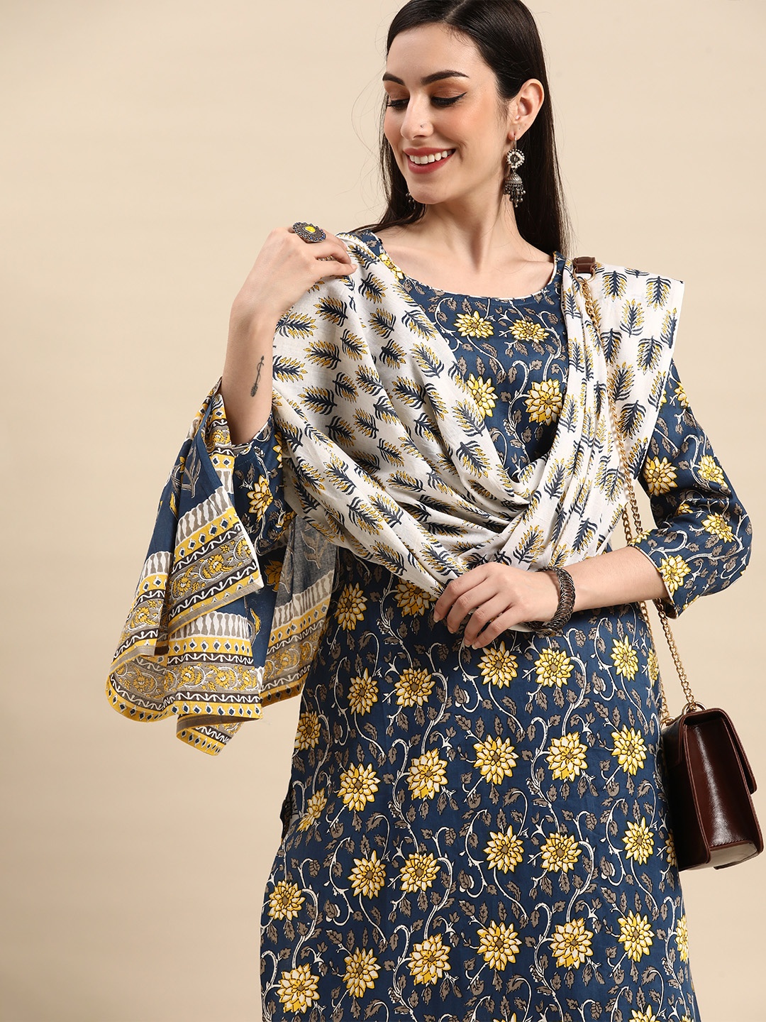 

Anouk Women Blue & Yellow Pure Cotton Floral Print Kurta with Palazzos & Dupatta