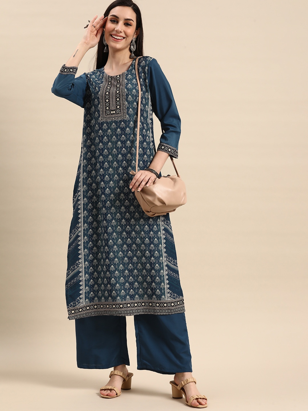 

Anouk Women Blue Ethnic Motifs Printed Kurta with Palazzos