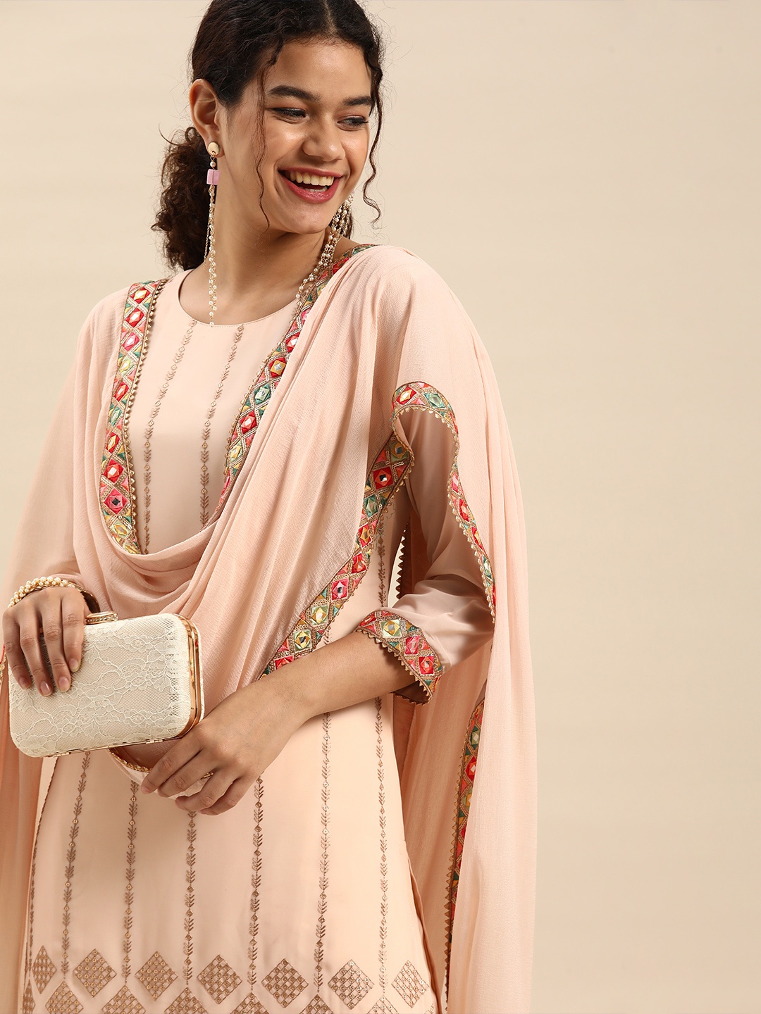 

Anouk Women Peach-Coloured Embroidered Sequinned Kurta with Palazzos & Dupatta