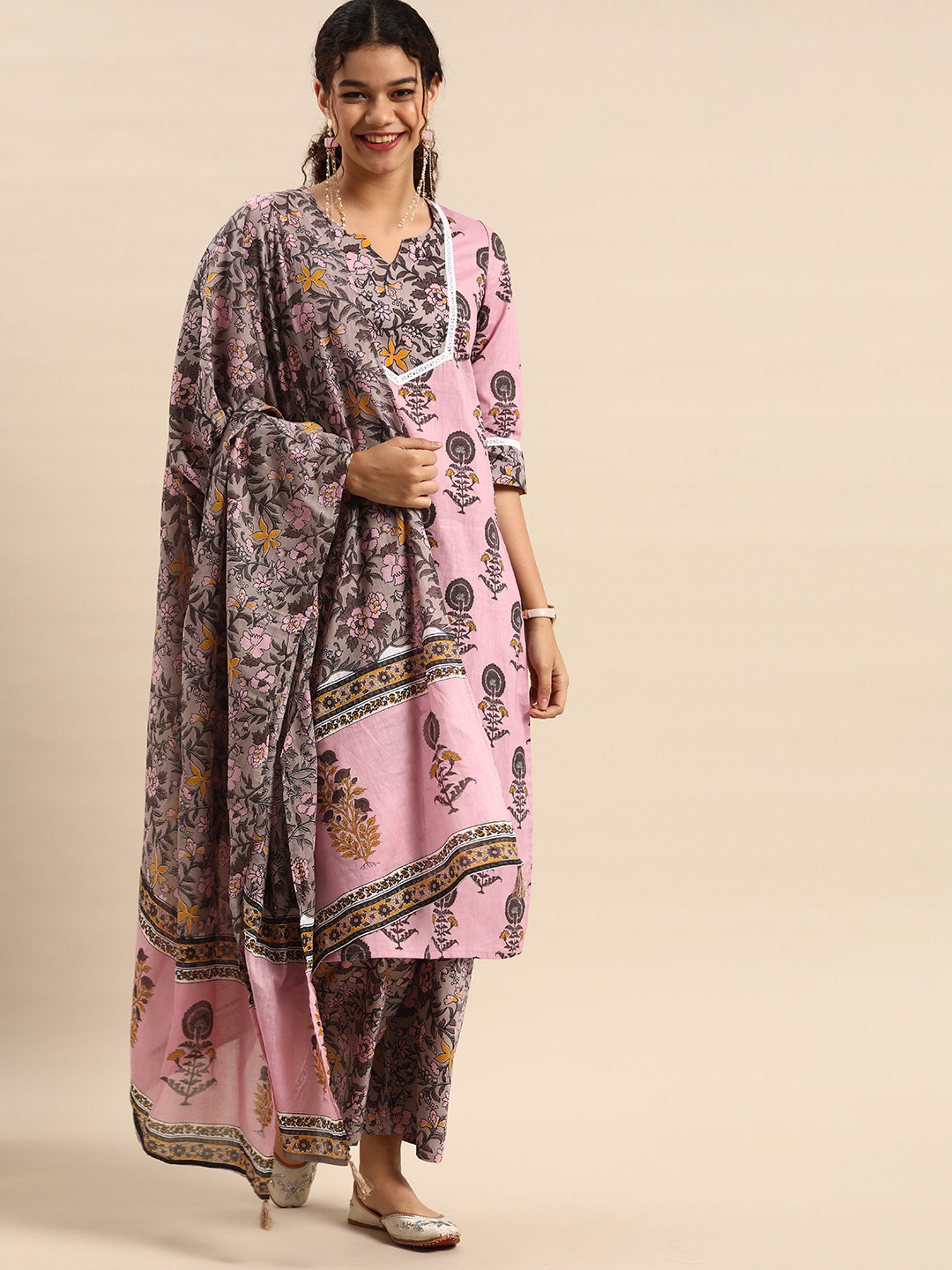 

Anouk Women Pink Pure Cotton Floral Printed Kurta with Palazzos & Dupatta