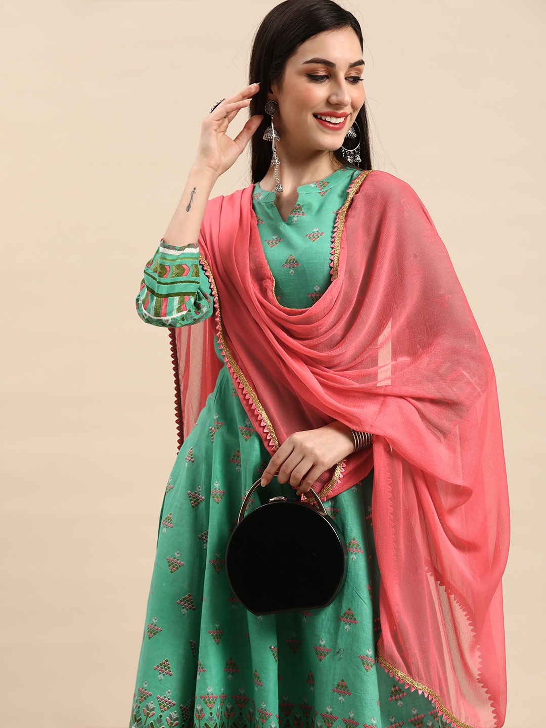 

Anouk Women Sea Green Pure Cotton Printed Kurta with Palazzos & Dupatta