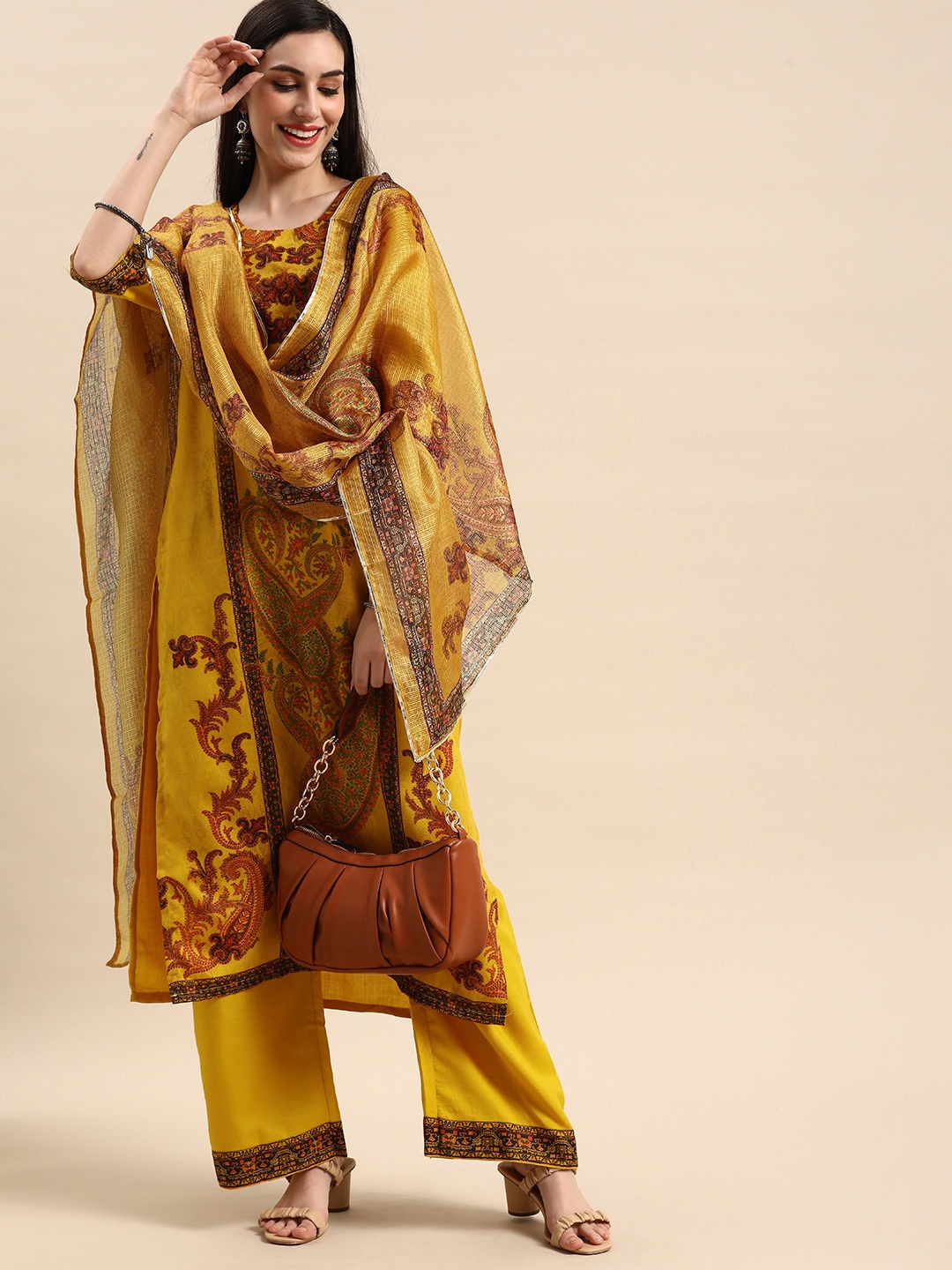 

Anouk Women Mustard Yellow Pure Cotton Printed Kurta with Palazzos & Dupatta