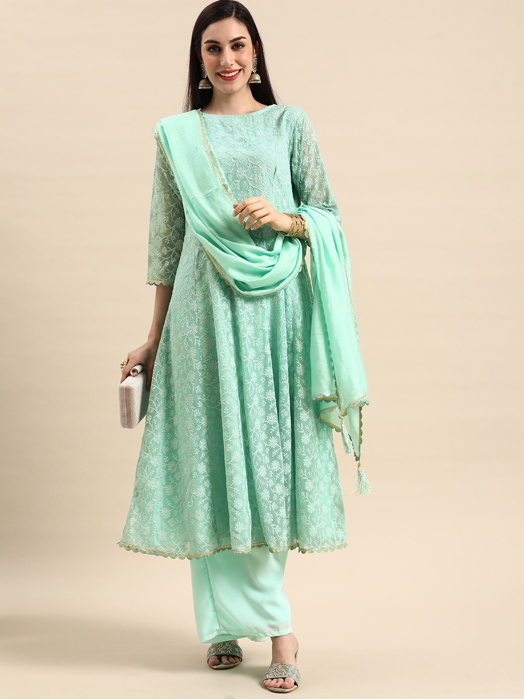 

Anouk Women Turquoise Blue Chikankari Embroidered Kurta with Palazzos & Dupatta