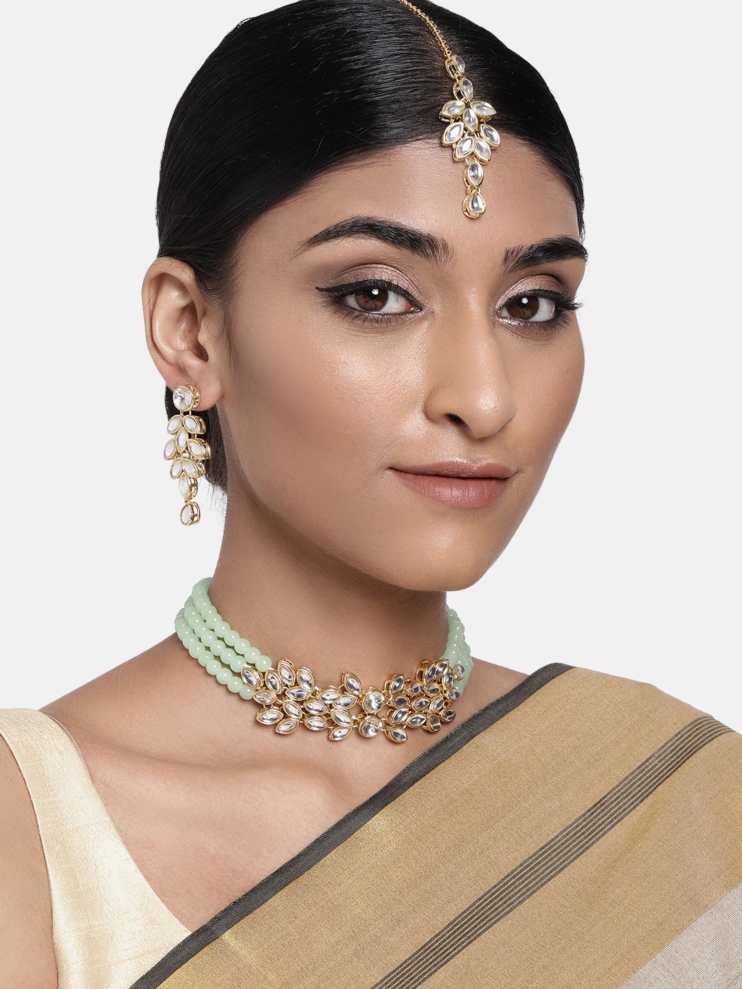 

I Jewels Gold-Plated & Sea Green Kundan Studded Jewellery Set