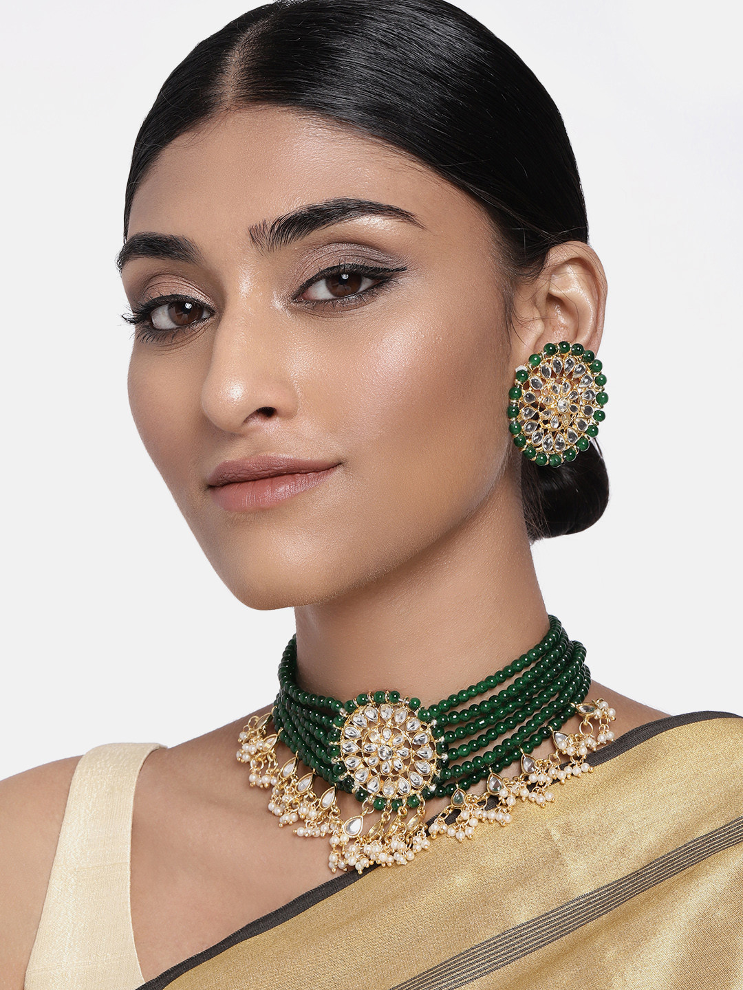 

I Jewels Gold-Plated & Green Kundan Studded Pearl Beaded Jewellery Set