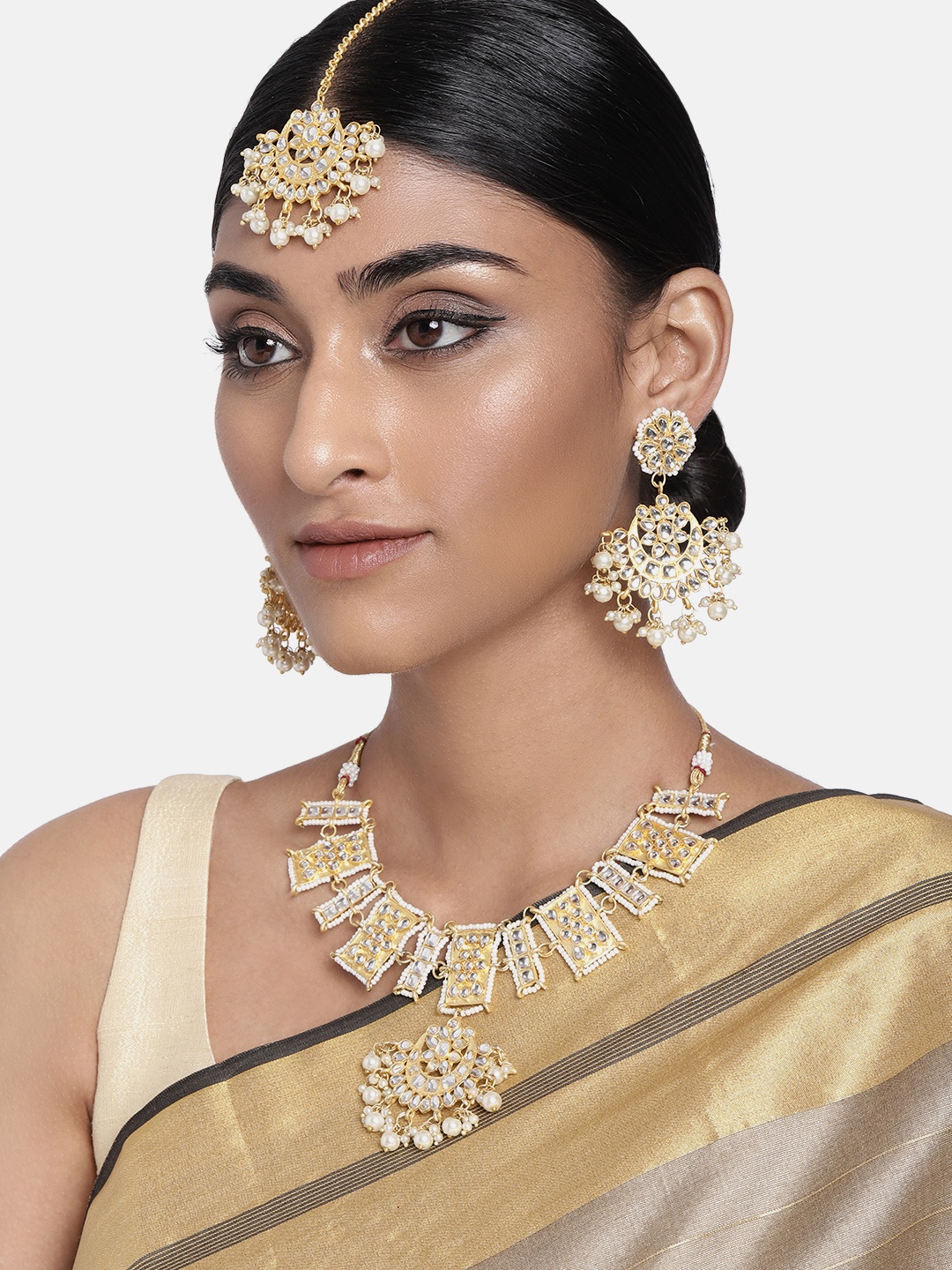 

I Jewels Gold-Plated Kundan-Studded Pearl Beaded Jewellery Set