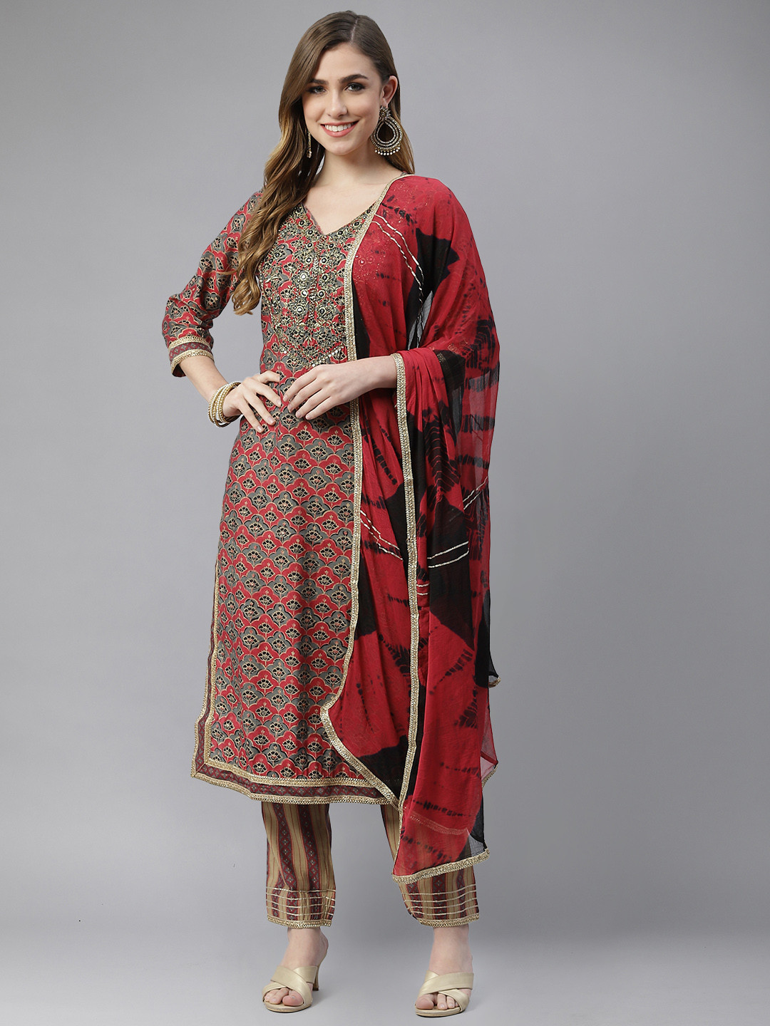 

Ishin Women Red Ethnic Motifs Embroidered Beads and Stones Kurta with Trousers & With Dupatta