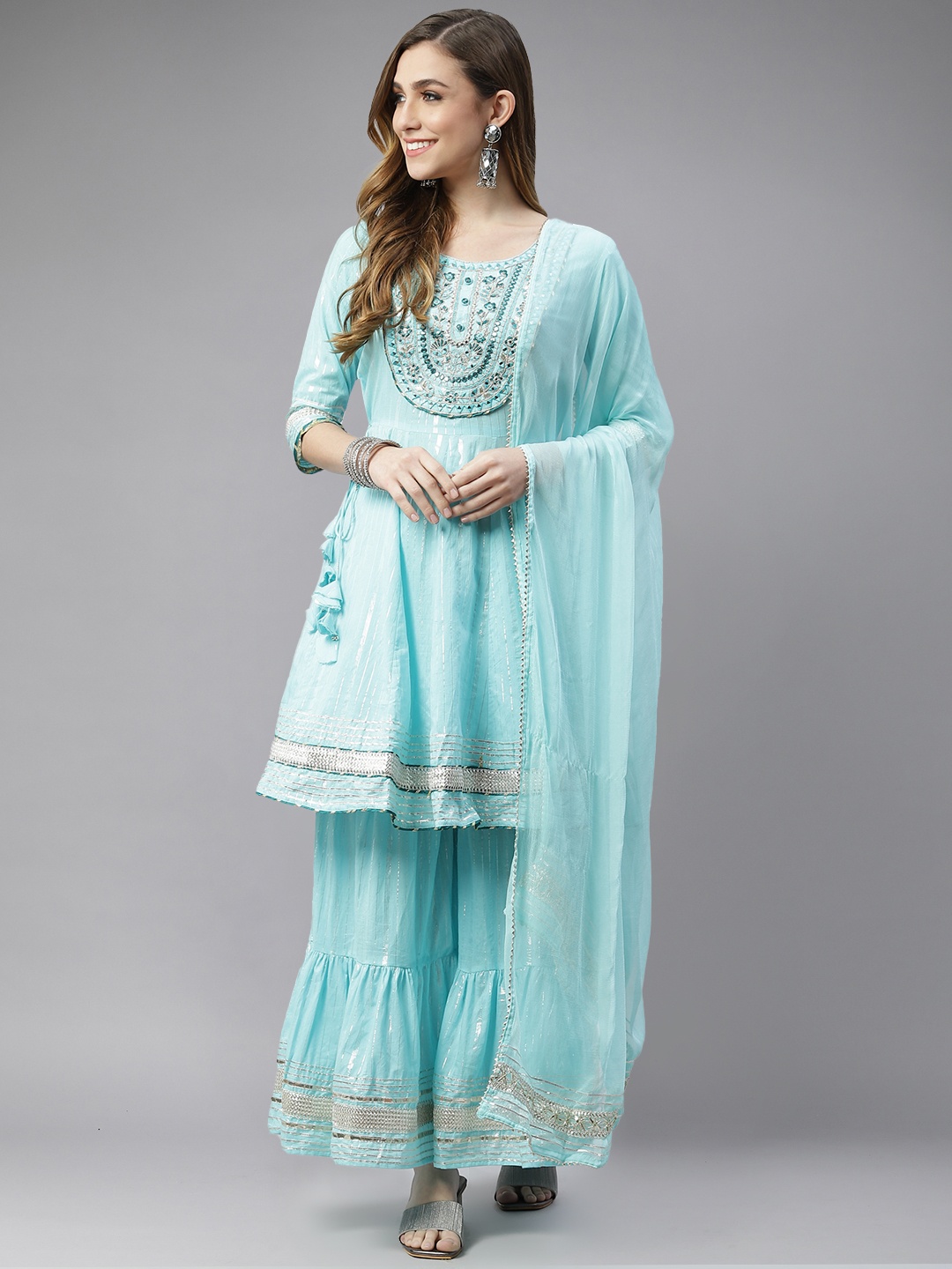 

Ishin Women Blue Floral Embroidered Kurta with Sharara & With Dupatta