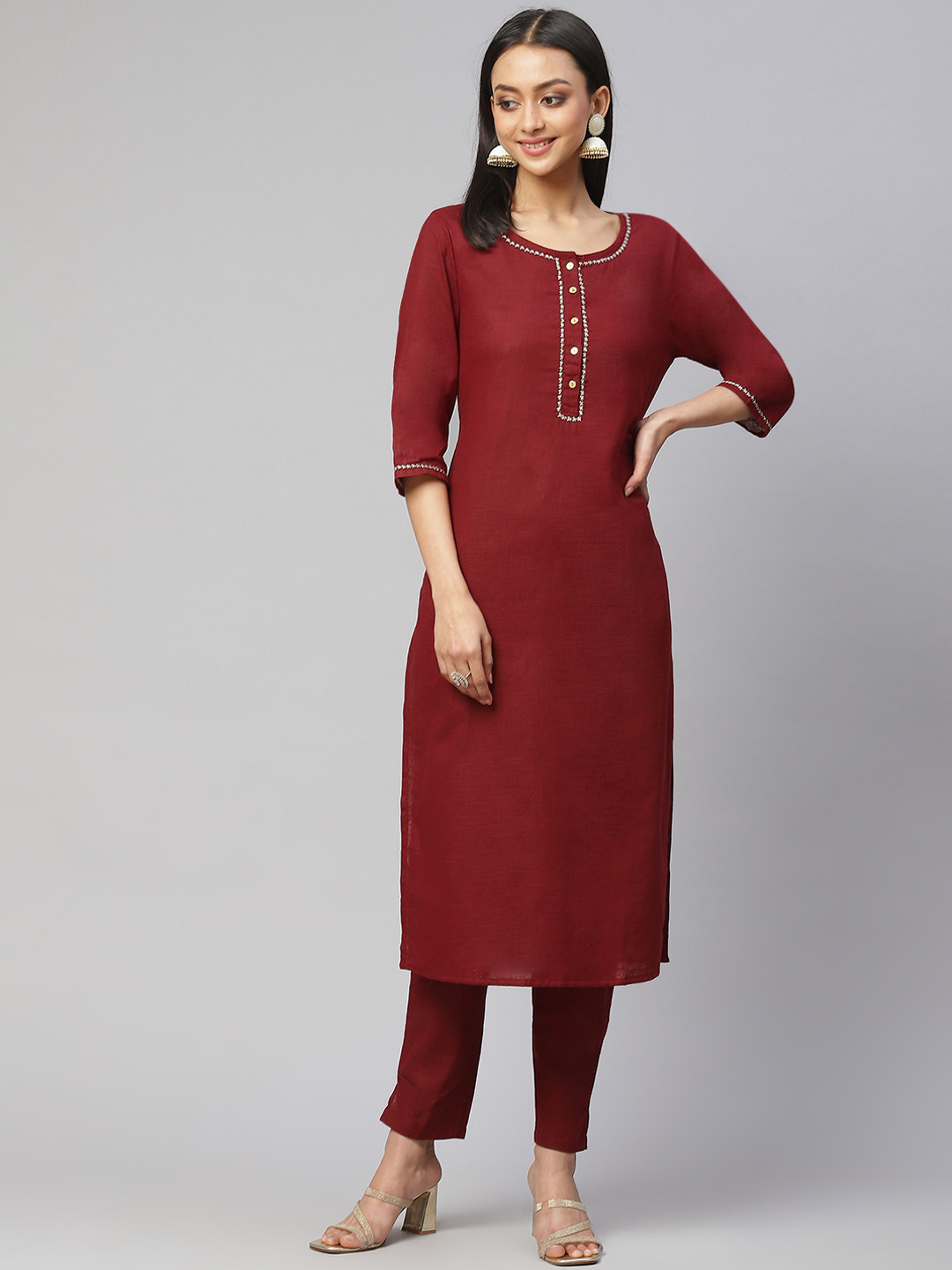 

Fusion Threads Women Maroon Embroidered Detail Pure Cotton Kurta with Trousers