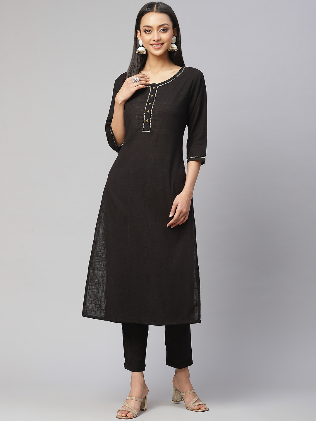 

Fusion Threads Women Black Embroidered Detail Pure Cotton Kurta with Trousers