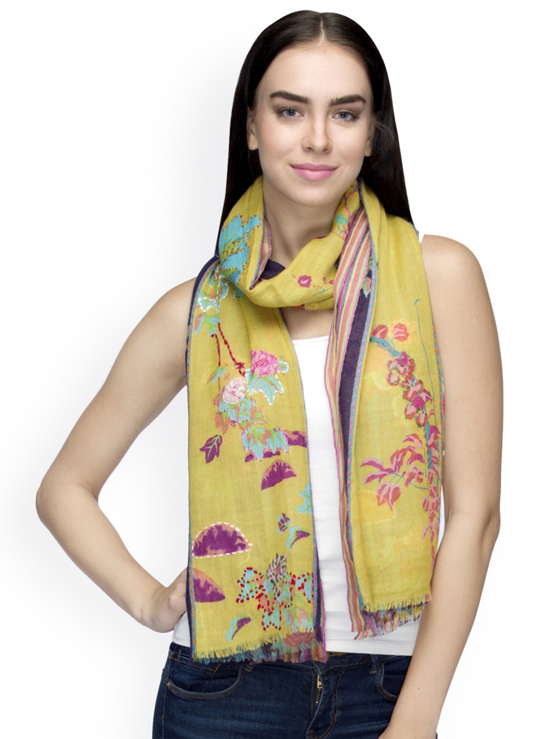 

SHINGORA Yellow Floral Print Woollen Stole