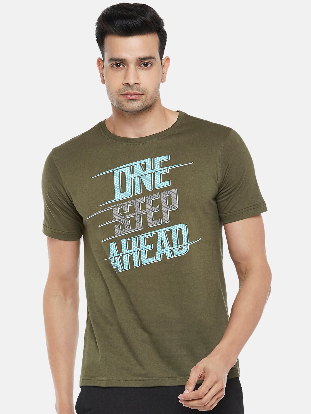 

Ajile by Pantaloons Men Olive Green Typography Printed Pure Cotton Slim Fit T-shirt