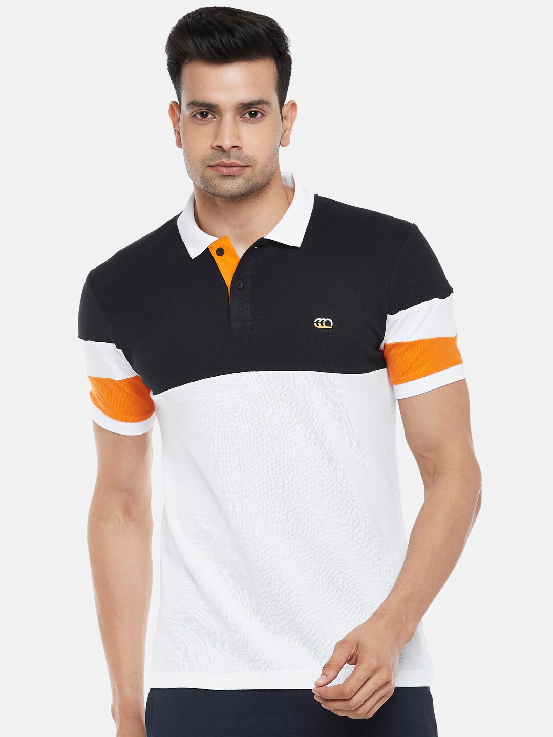 

Ajile by Pantaloons Men White & Black Colourblocked Polo Collar Pure Cotton T-shirt