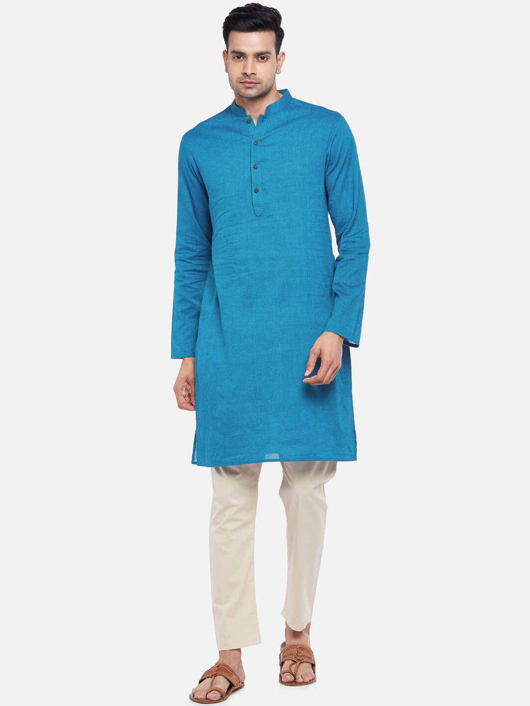 

indus route by Pantaloons Men Blue Cotton Dobby Kurta