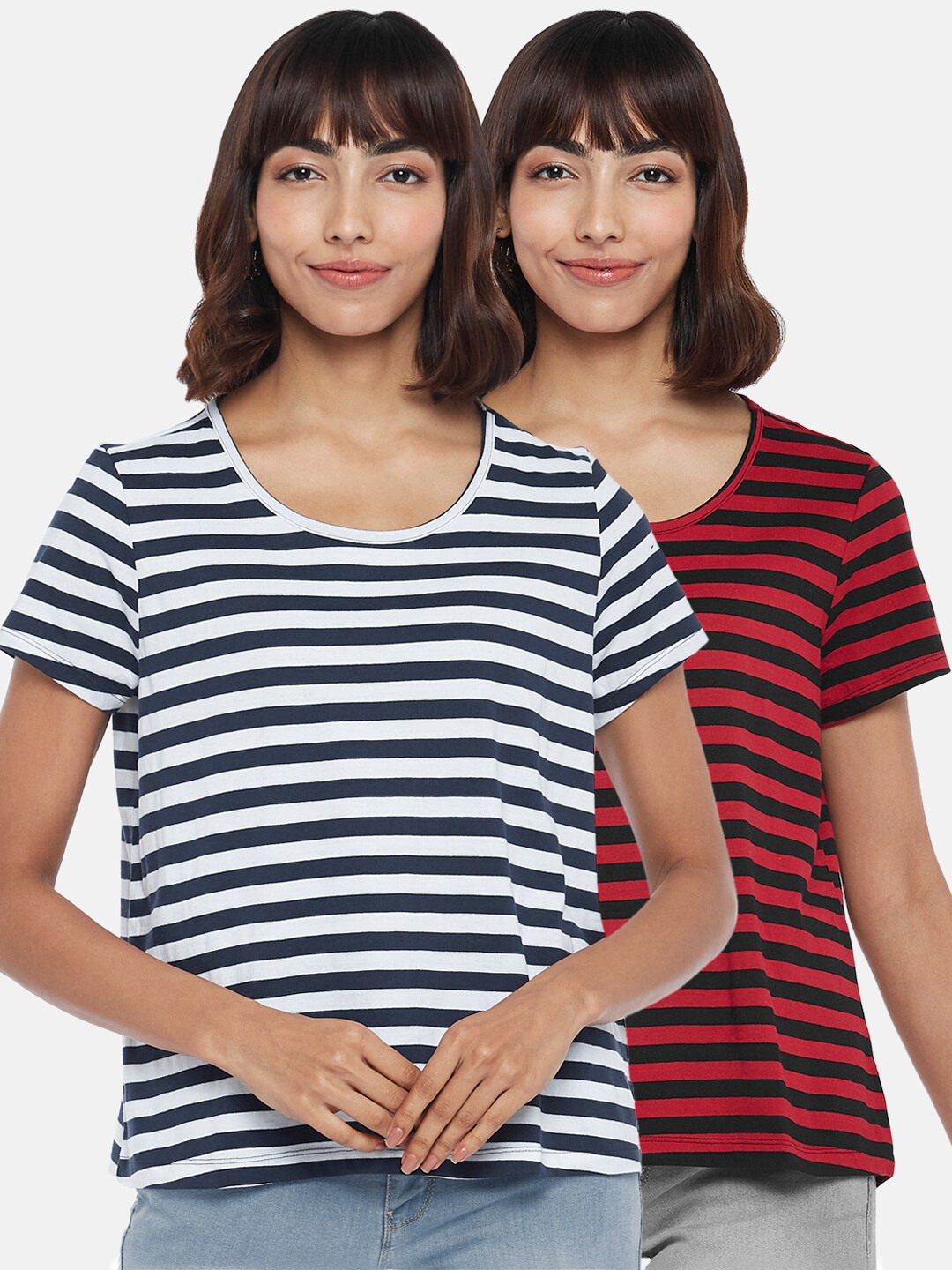 

People Women Pack Of 2 Striped T-shirt, Red