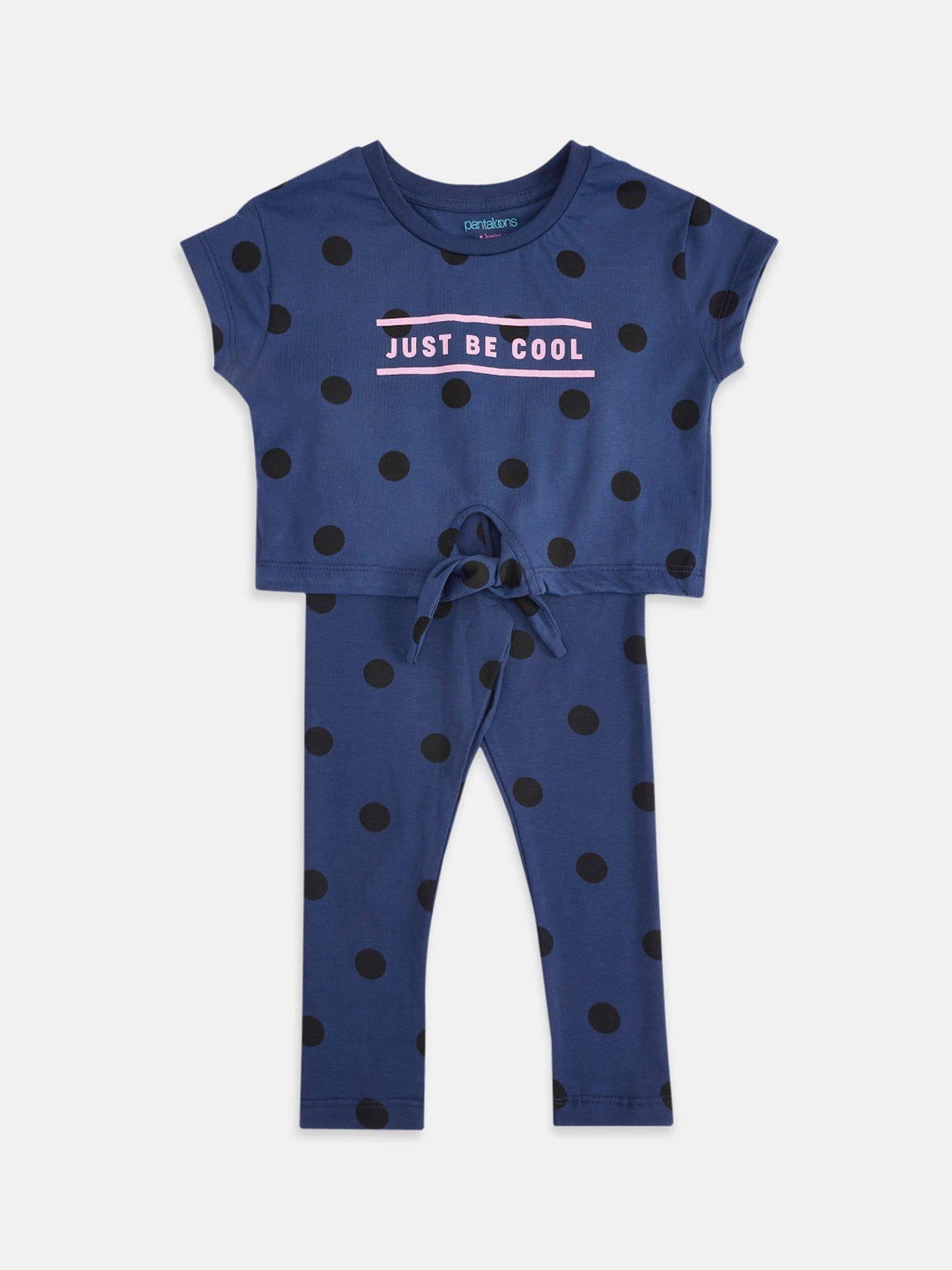 

Pantaloons Junior Girls Navy Blue & Black Polka Dots Printed Pure Cotton Night Suit