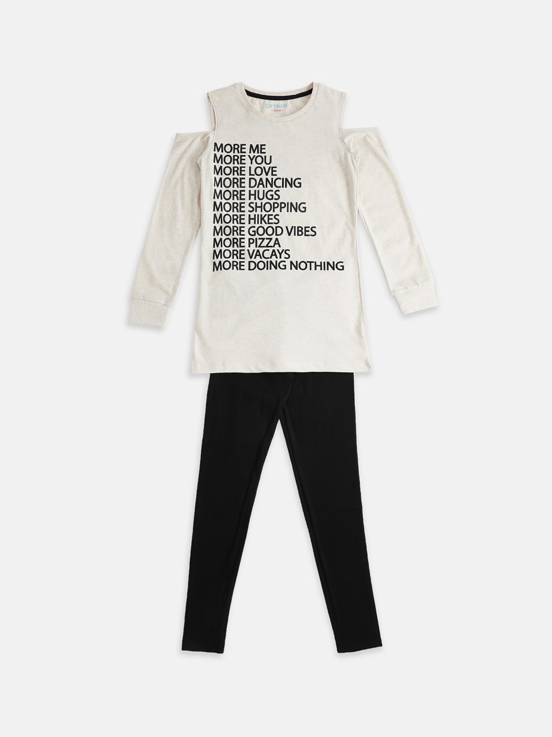 

Pantaloons Junior Girls Off White & Black Pure Cotton Printed Night Suit