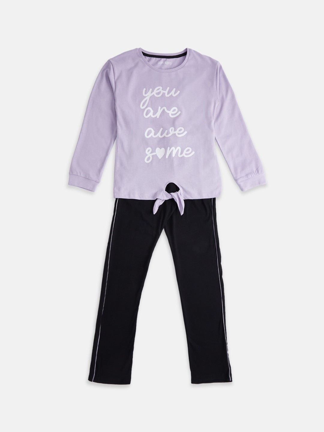 

Pantaloons Junior Girls Purple & Black Printed Pure Cotton Night suit