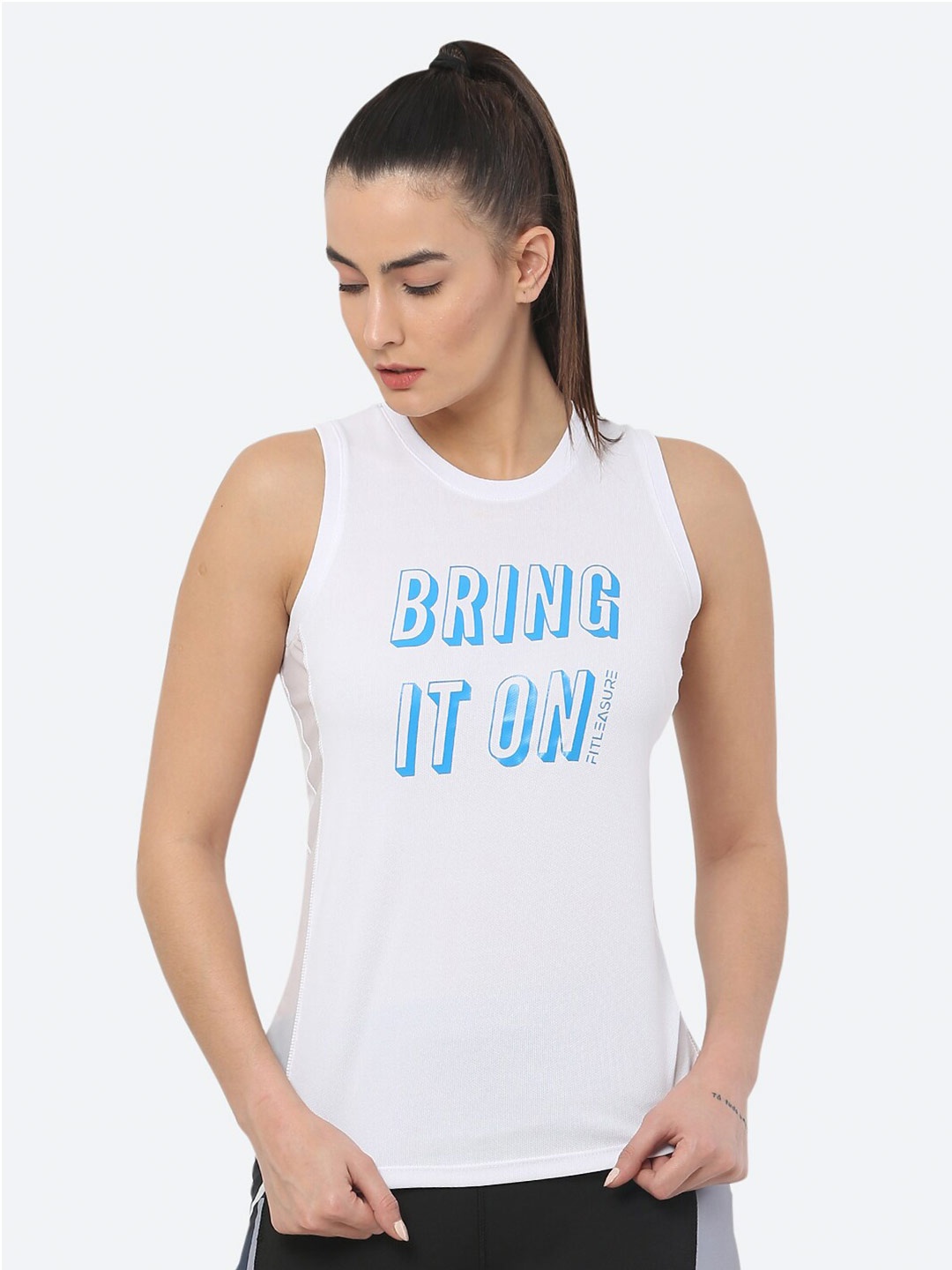 

FITLEASURE Women White Typography Printed Training or Gym T-shirt