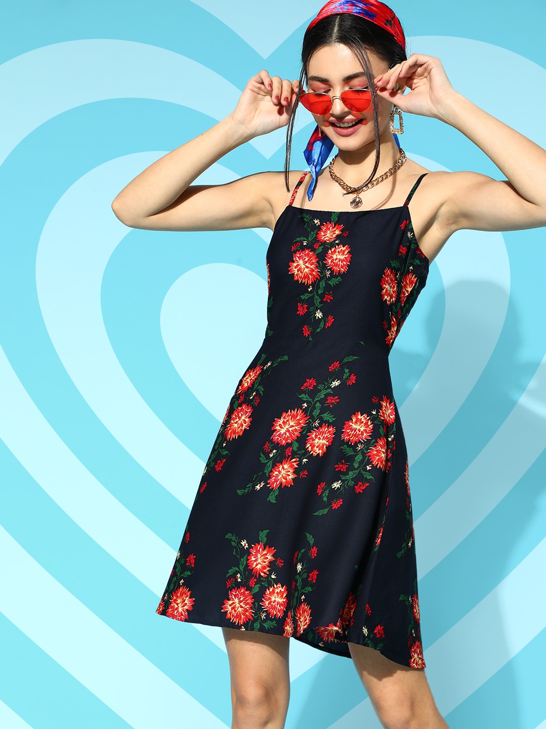 

Berrylush Navy Blue & Red Floral Print Crepe A-Line Dress