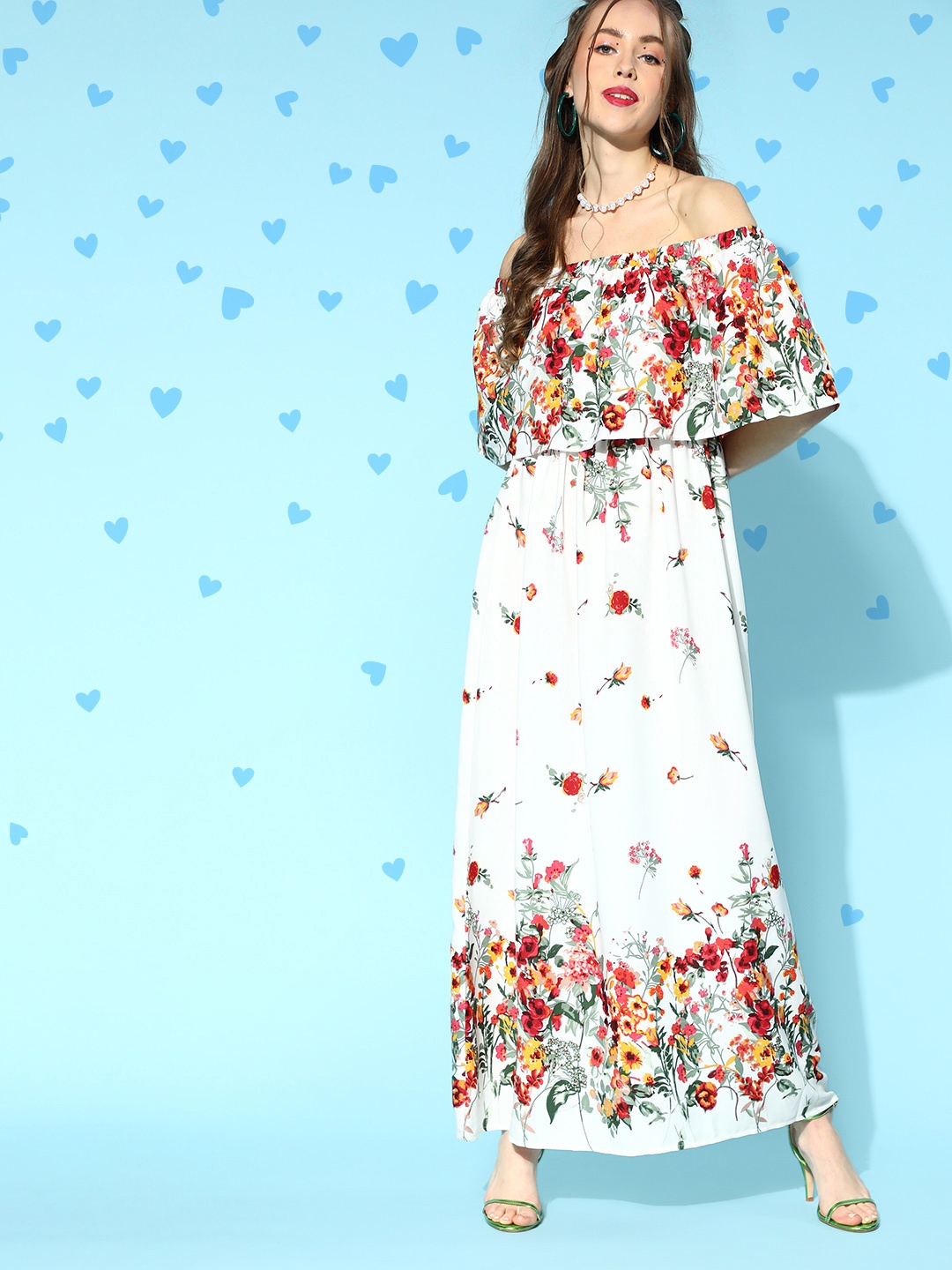 

Berrylush White & Red Floral Print Off-Shoulder Layered Crepe Maxi Dress