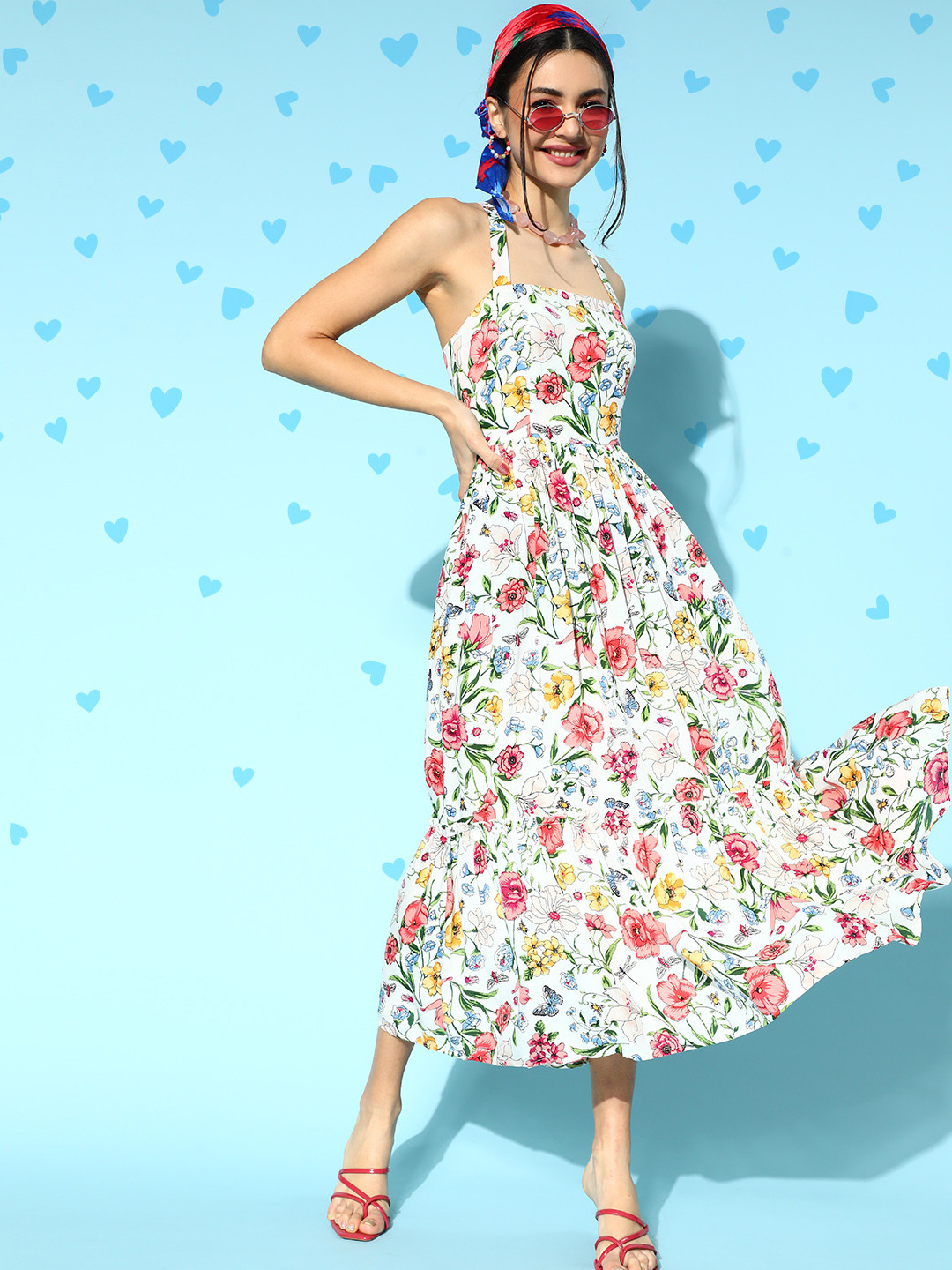 

Berrylush White & Pink Floral Printed A-Line Midi Dress