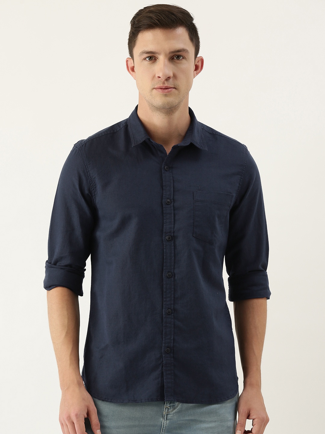 

Flying Machine Men Navy Blue Solid Slim Fit Casual Shirt