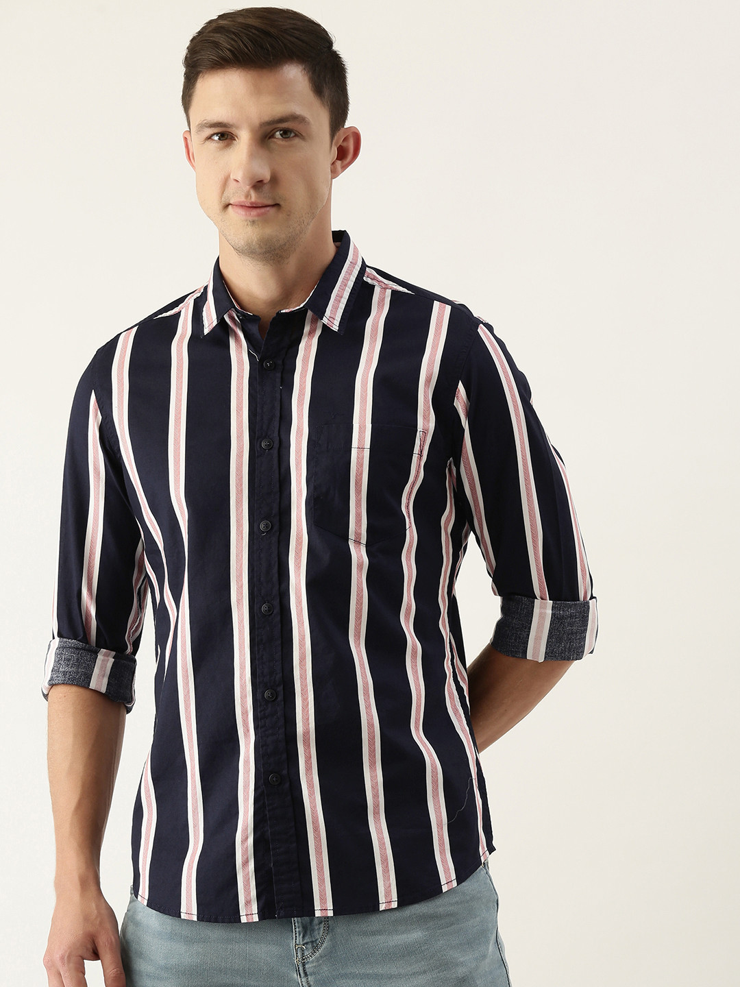 

Flying Machine Men Blue & White Slim Fit Striped Casual Shirt