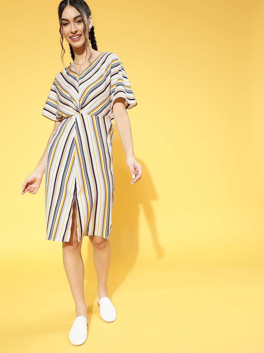 

Berrylush Women Yellow & White Striped A-Line Dress with a Front Slit