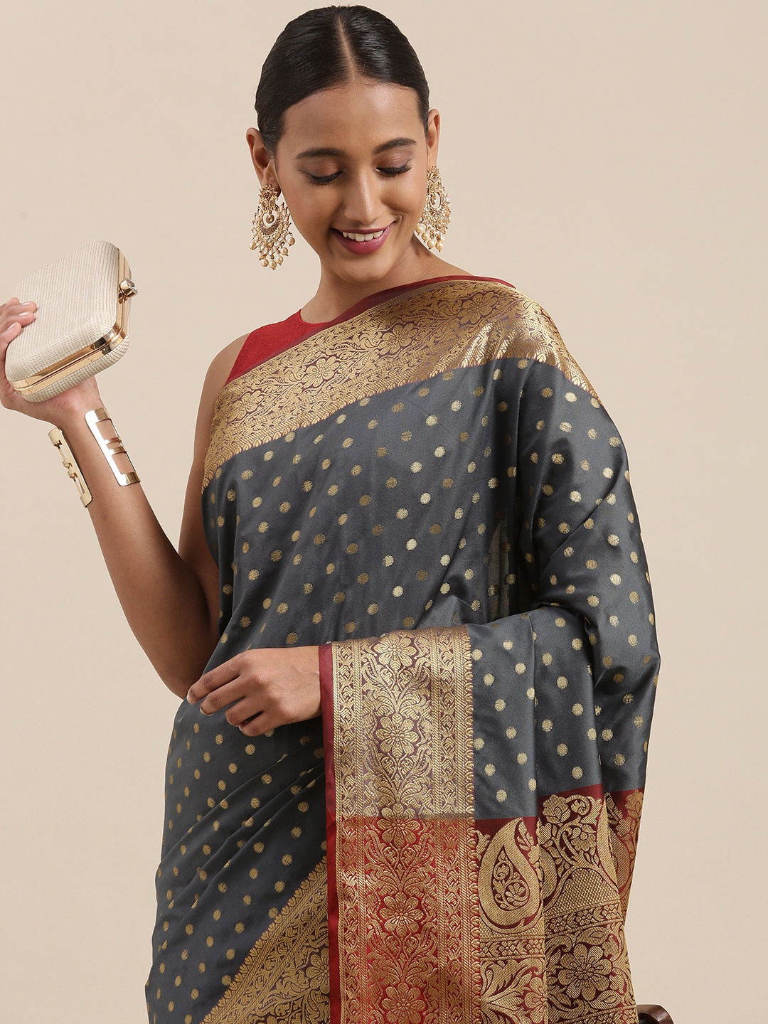 

Mitera Grey & Golden Ethnic Motifs Banarasi Saree