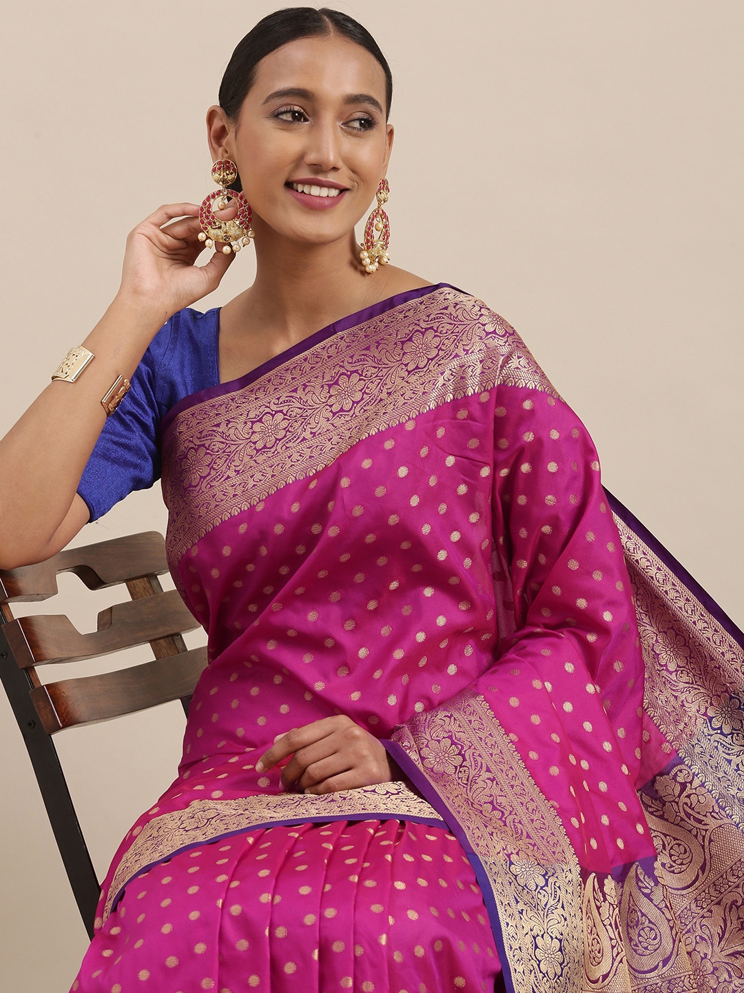 

Mitera Pink & Golden Ethnic Motifs Woven Design Banarasi Saree