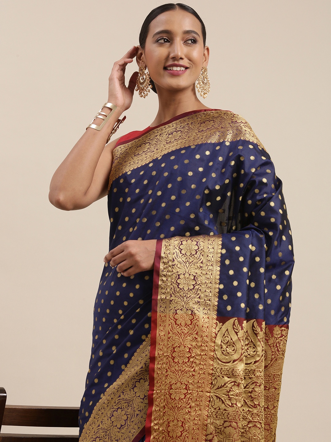 

Mitera Navy Blue & Golden Ethnic Motifs Banarasi Saree