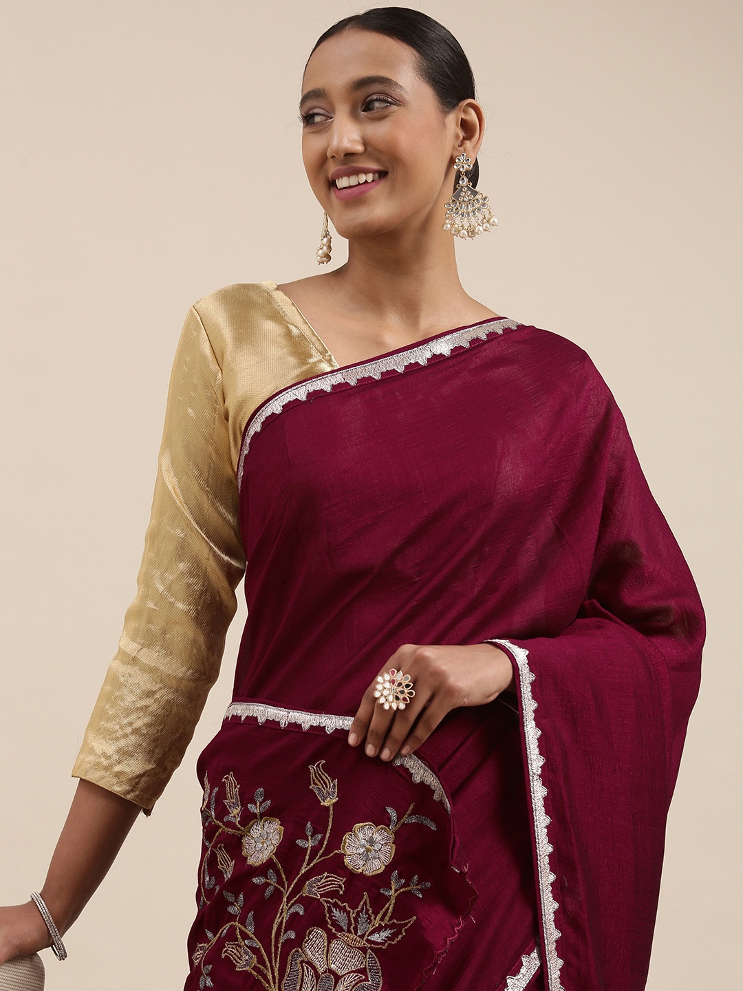 

Mitera Burgundy & Silver Floral Embroidered Silk Blend Saree