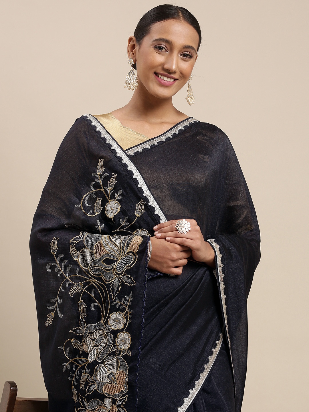 

Mitera Navy Blue & Silver Floral Embroidered Silk Blend Saree