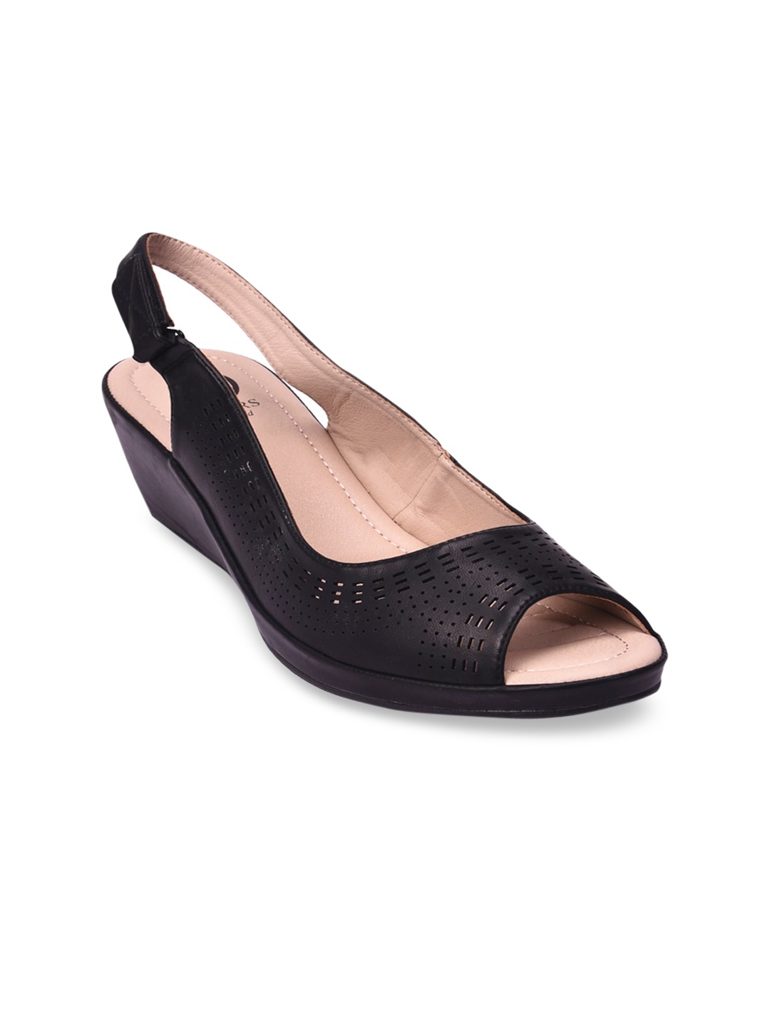 

Pavers England Black Textured PU Wedge Peep Toes with Laser Cuts