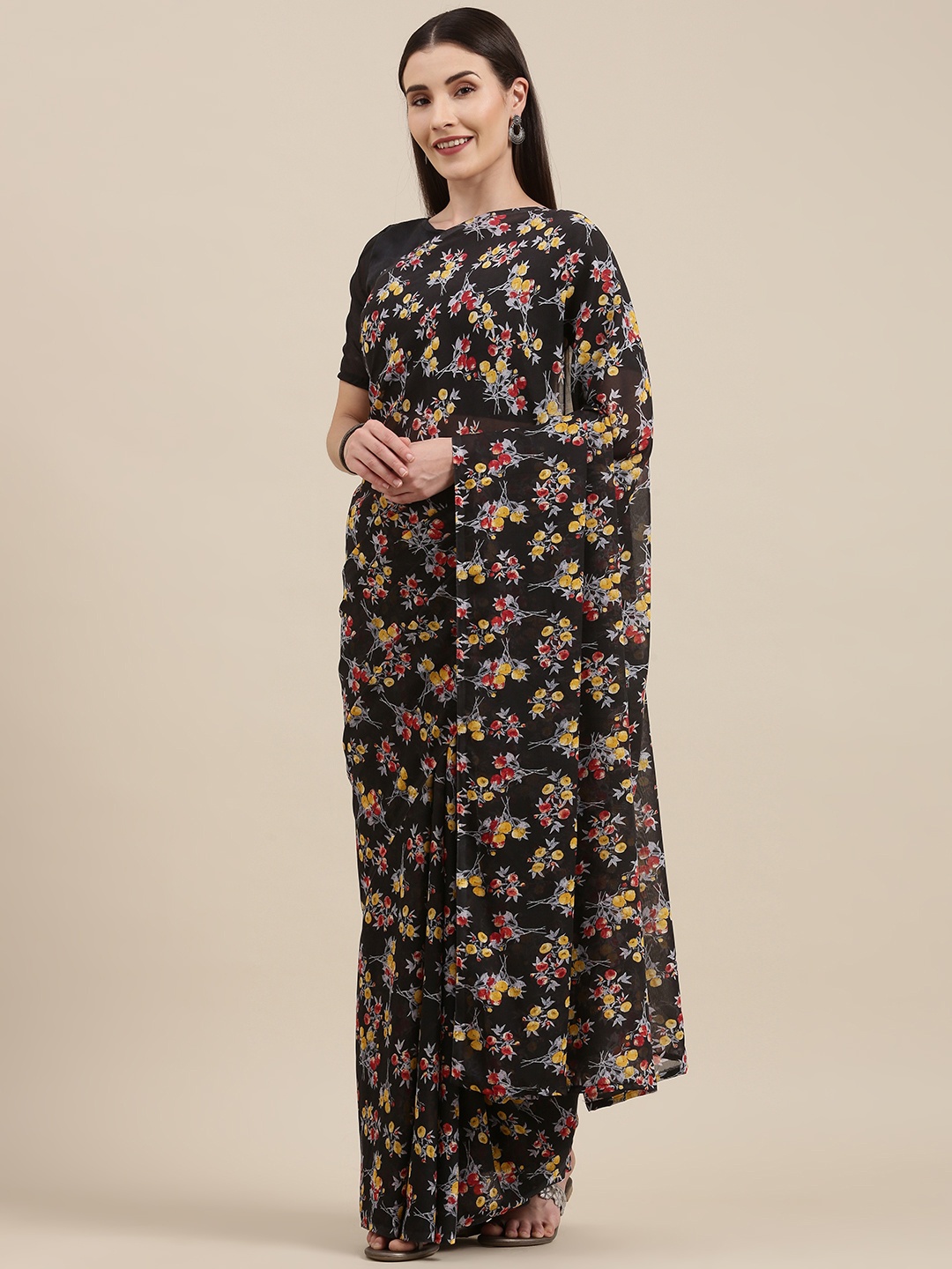 

KALINI Black & Red Floral Print Saree
