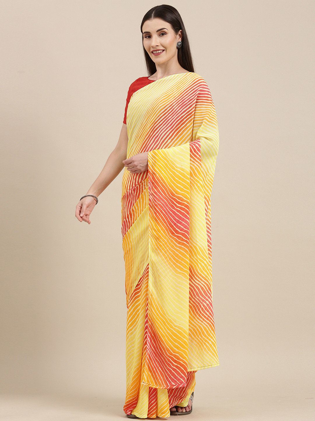 

KALINI Yellow & Pink Leheriya Print Saree