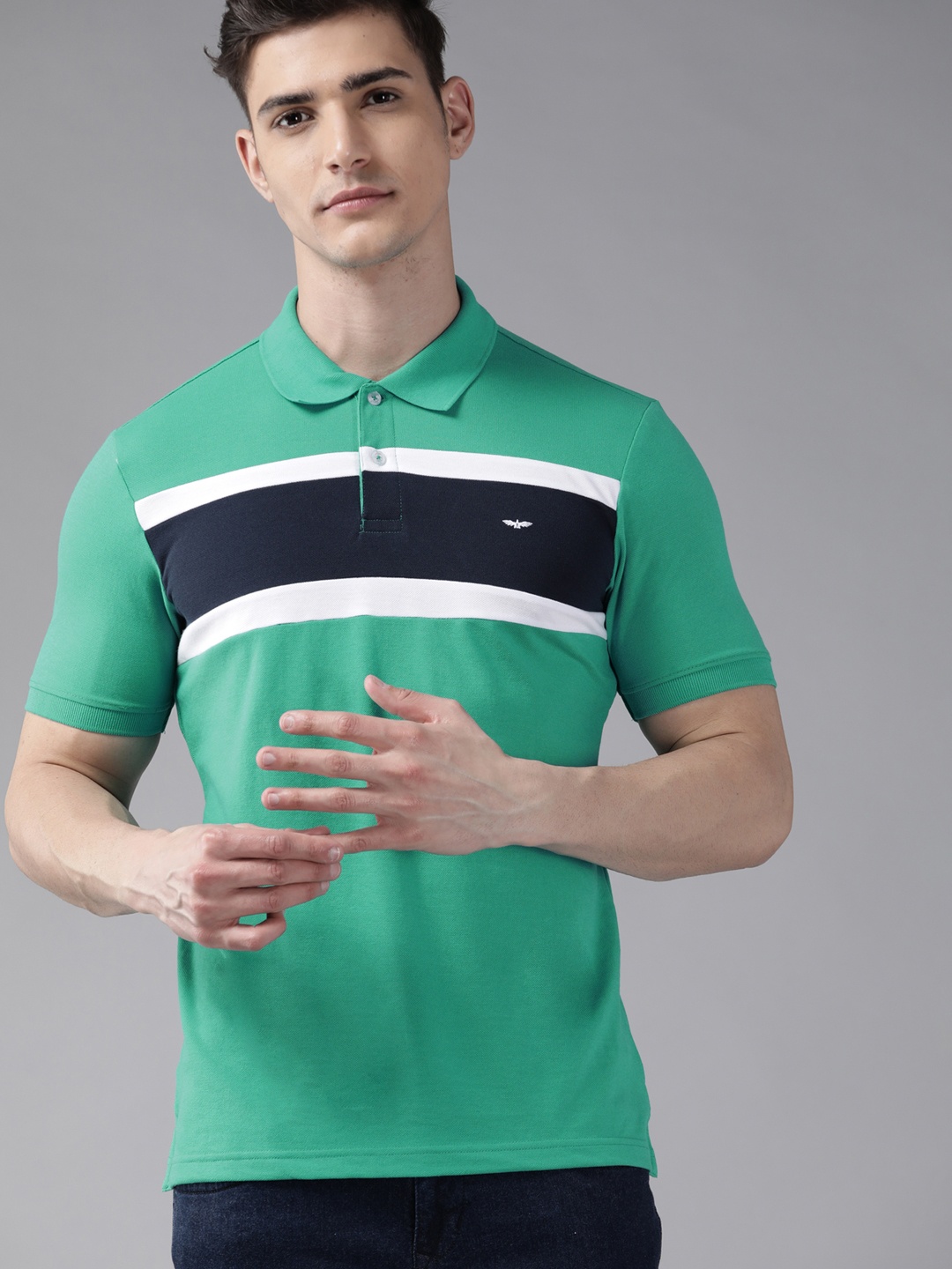 

Park Avenue Men Sea Green & Navy Blue Striped Polo Collar Slim Fit T-shirt