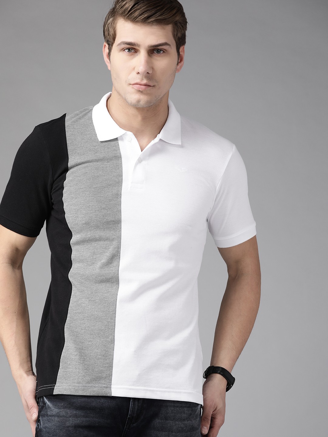 

Park Avenue Men White & Grey Melange Colourblocked Polo Collar Slim Fit T-shirt