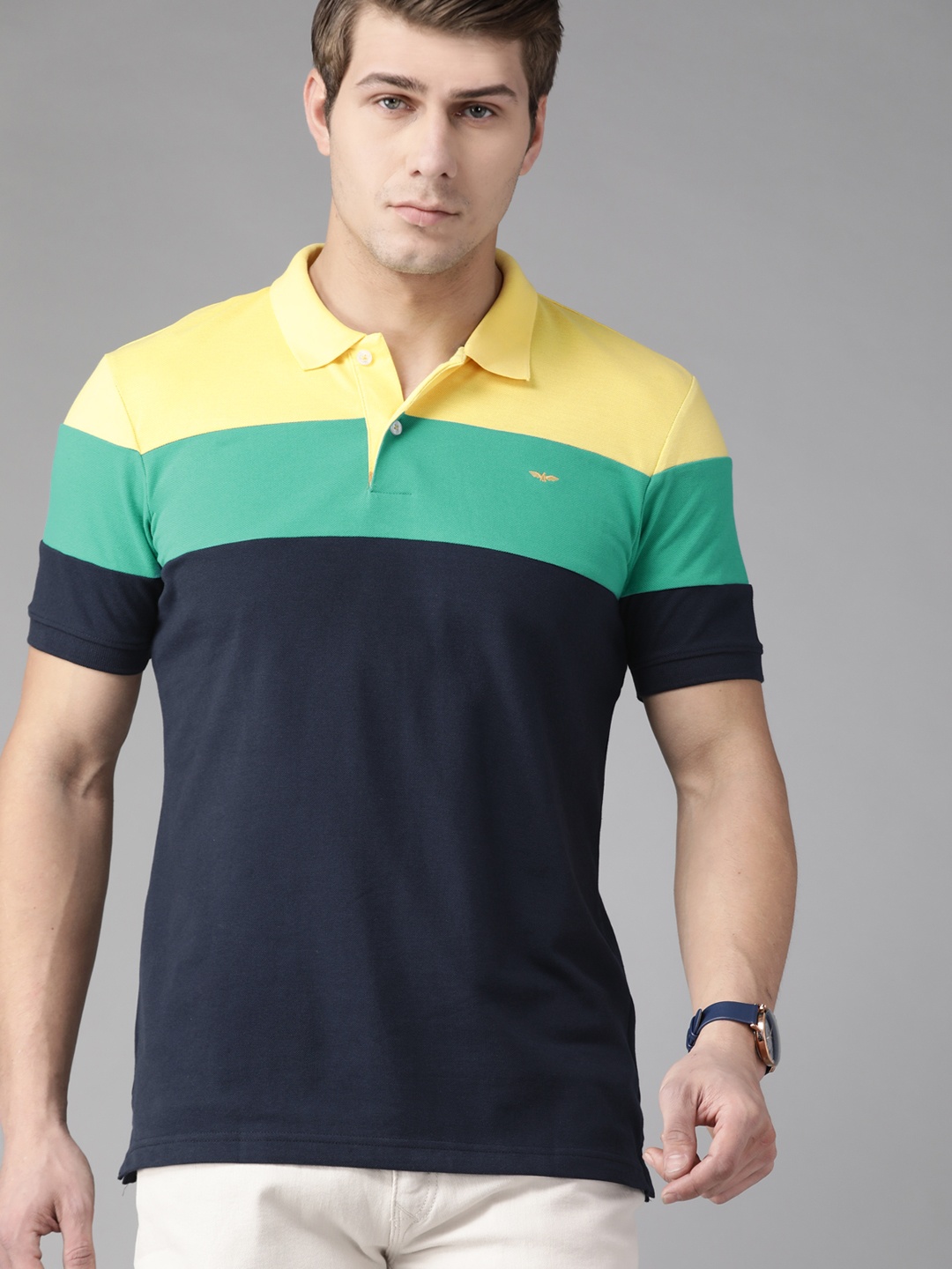 

Park Avenue Men Navy Blue & Yellow Striped Polo Collar Slim Fit T-shirt