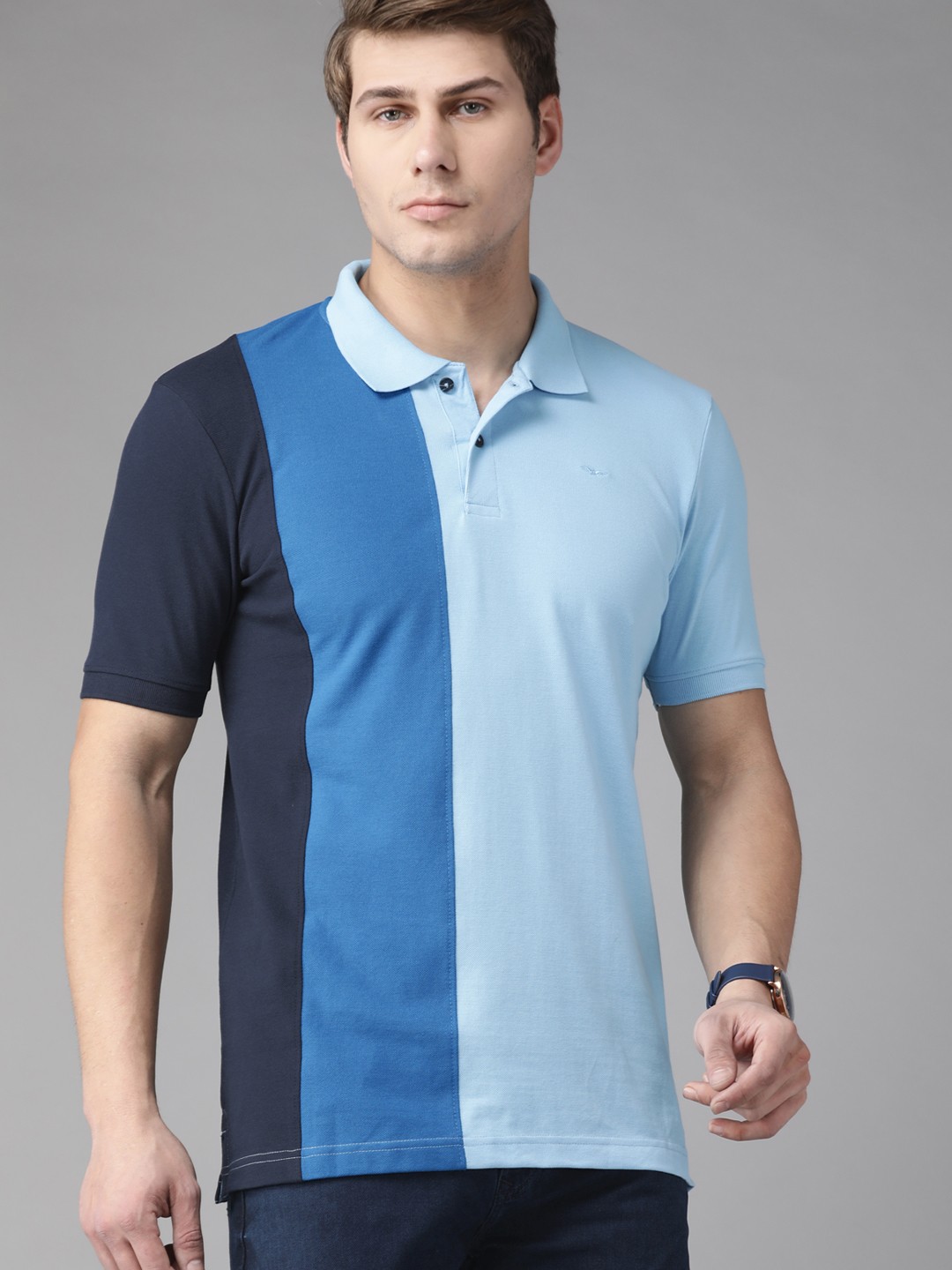 

Park Avenue Men Blue Colourblocked Polo Collar Slim Fit T-shirt