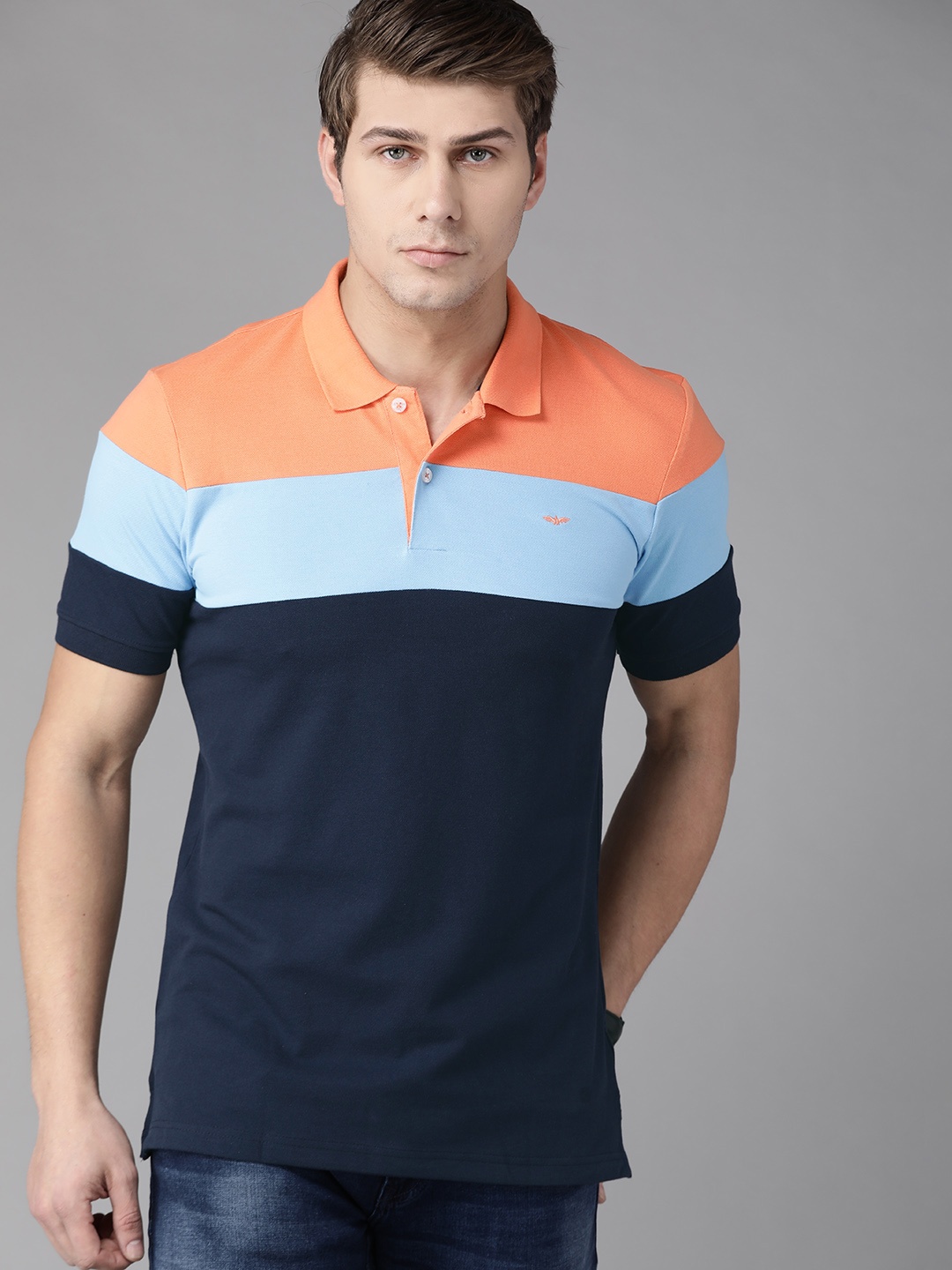 

Park Avenue Men Navy Blue & Peach-Coloured Striped Polo Collar Slim Fit T-shirt