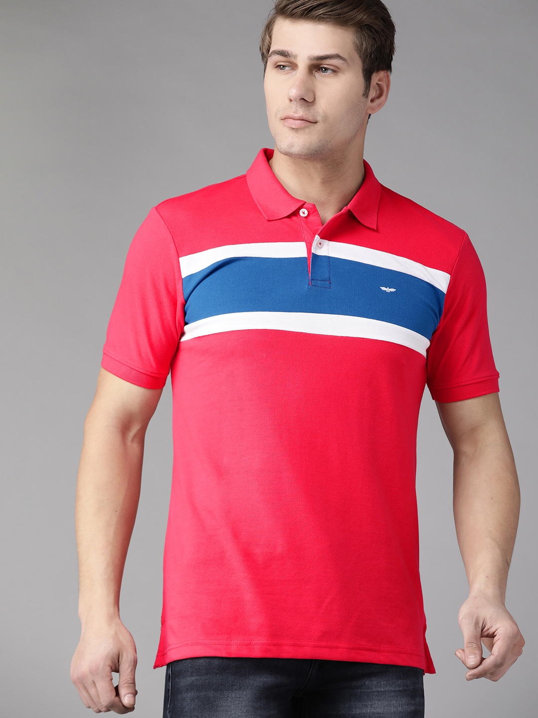 

Park Avenue Men Red & Blue Striped Polo Collar Slim Fit T-shirt