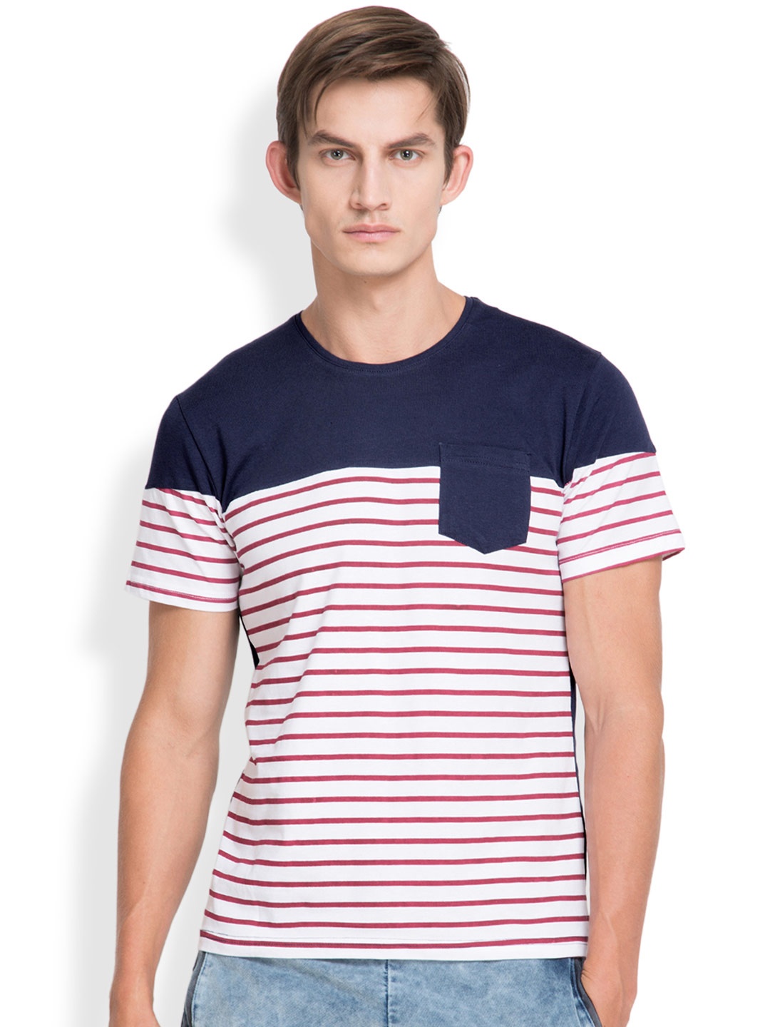 

LOCOMOTIVE Men Navy Blue Striped Round Neck Pure Cotton T-shirt