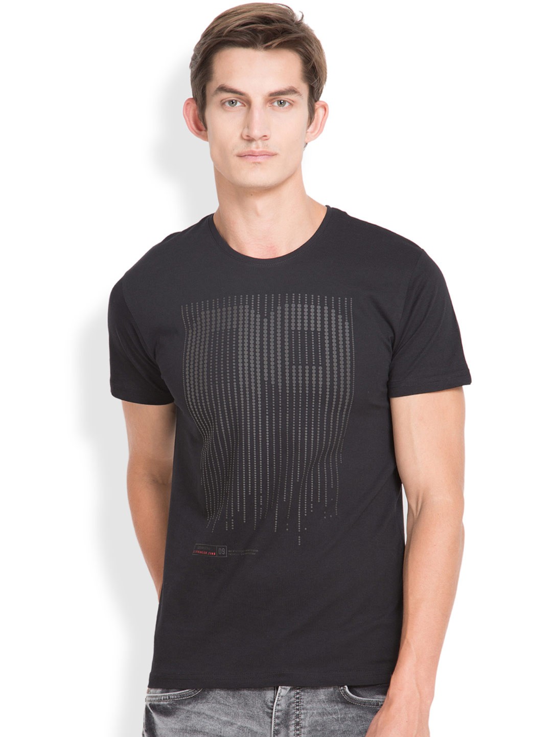 

LOCOMOTIVE Men Black Printed Round Neck Pure Cotton T-shirt
