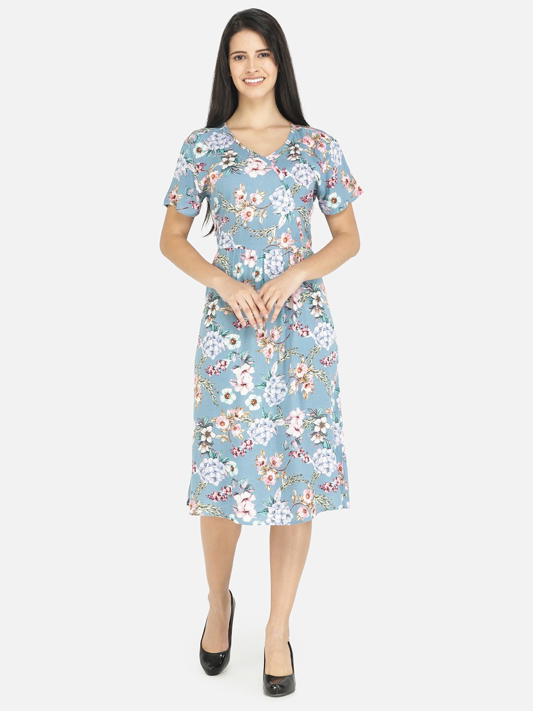 

DECHEN Blue Floral A-Line Midi Dress