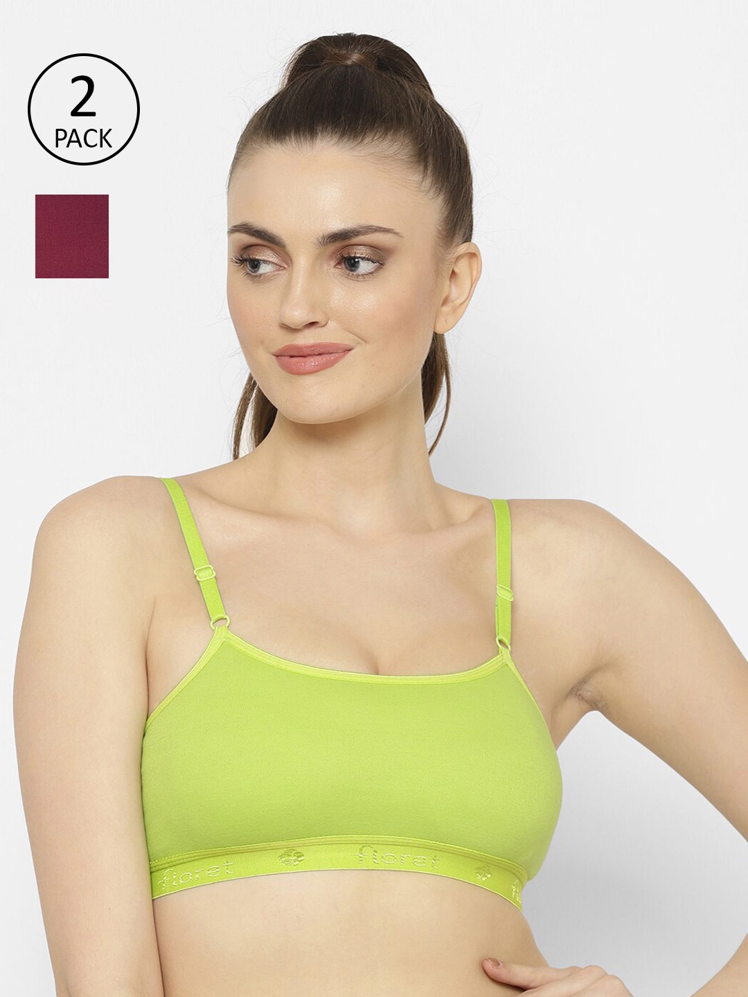 

Floret Lime Green & Burgundy Solid Set Of 2 Non-Wired Non Padded Workout Bra