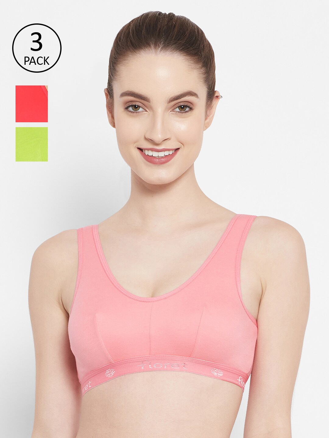 

Floret Women Rose Red And Lime Green Pack Of 3 Seamless All Day Comfort Workout Bra