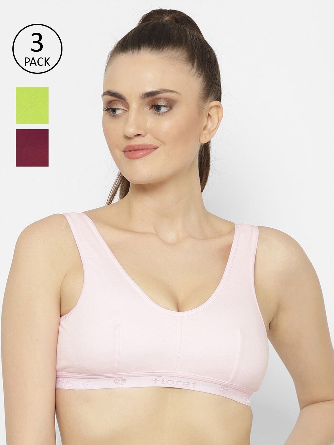 

Floret Solid Set Of 3 Non-Wired Non Padded Workout Bra, Pink